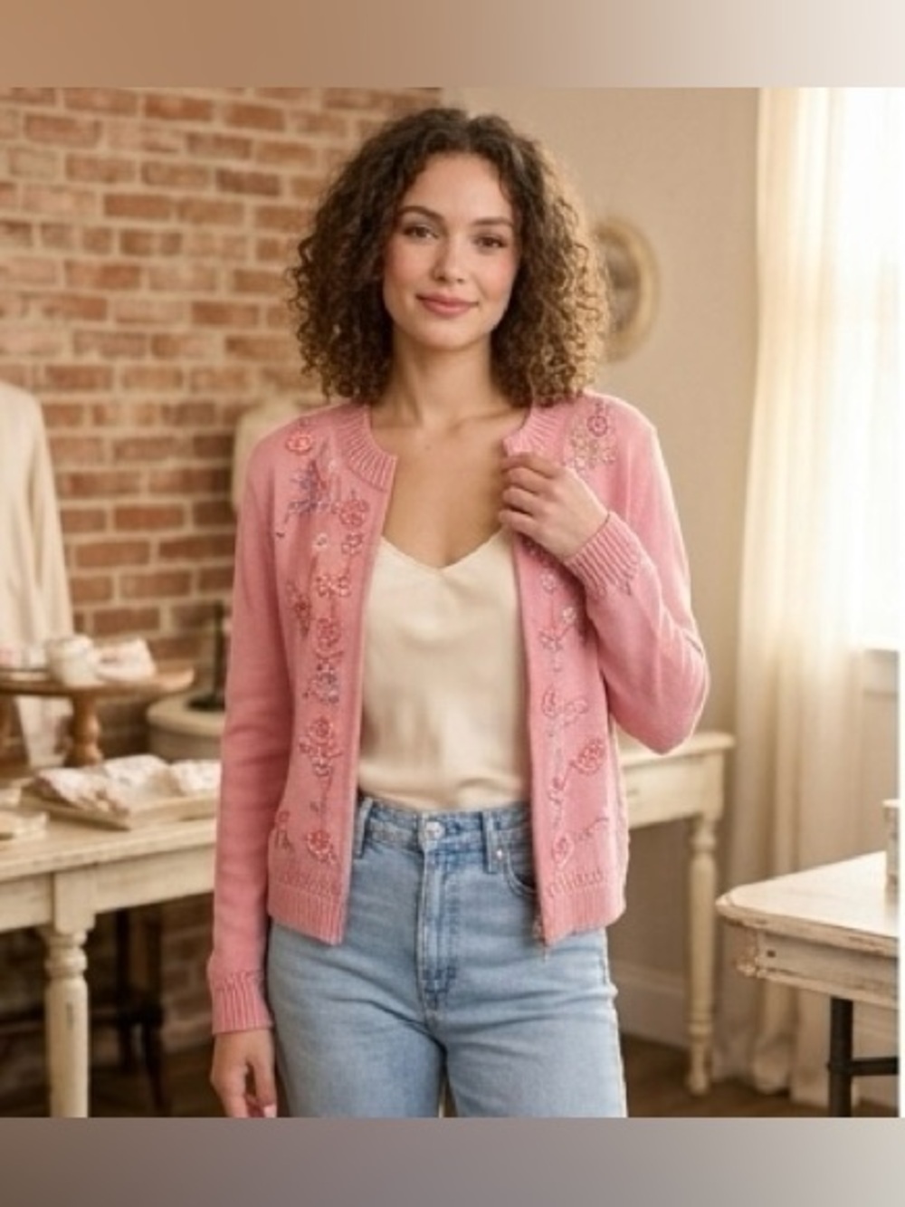 Pura Vida Pink Floral Embroidered Cardigan Cottagecore Romantic Sweater M